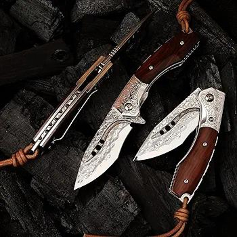 Handmade Japanese Damascus Steel Pocket Folding Knife With Leather Cover And Pocket Clip 287inch Outdoor Camping Fish 1