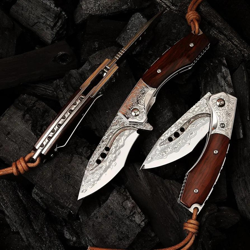 Handmade Japanese Damascus Steel Pocket Folding Knife With Leather Cover And Pocket Clip 287inch Outdoor Camping Fish 2