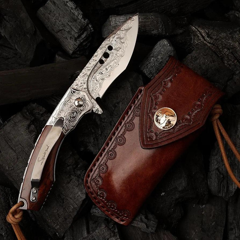Handmade Japanese Damascus Steel Pocket Folding Knife With Leather Cover And Pocket Clip 287inch Outdoor Camping Fish 3