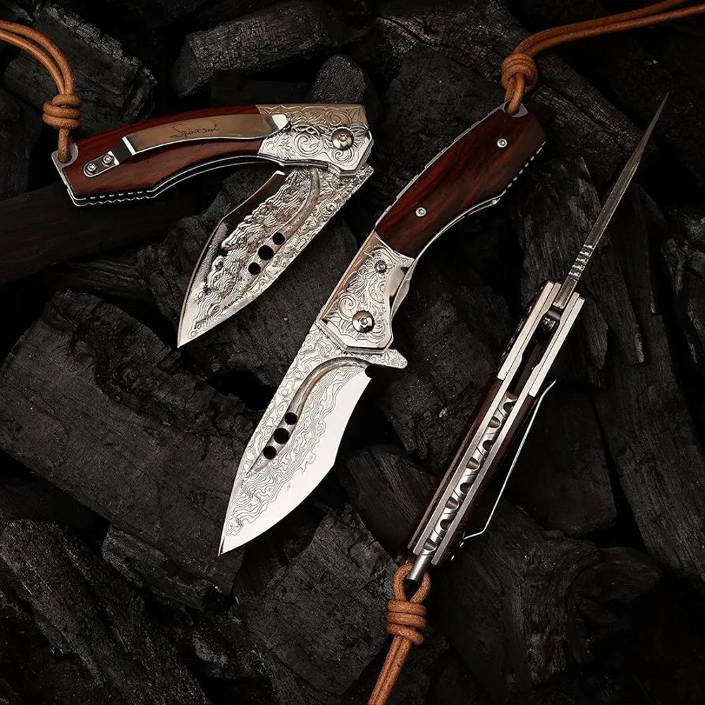 Handmade Japanese Damascus Steel Pocket Folding Knife With Leather Cover And Pocket Clip 287inch Outdoor Camping Fish 5