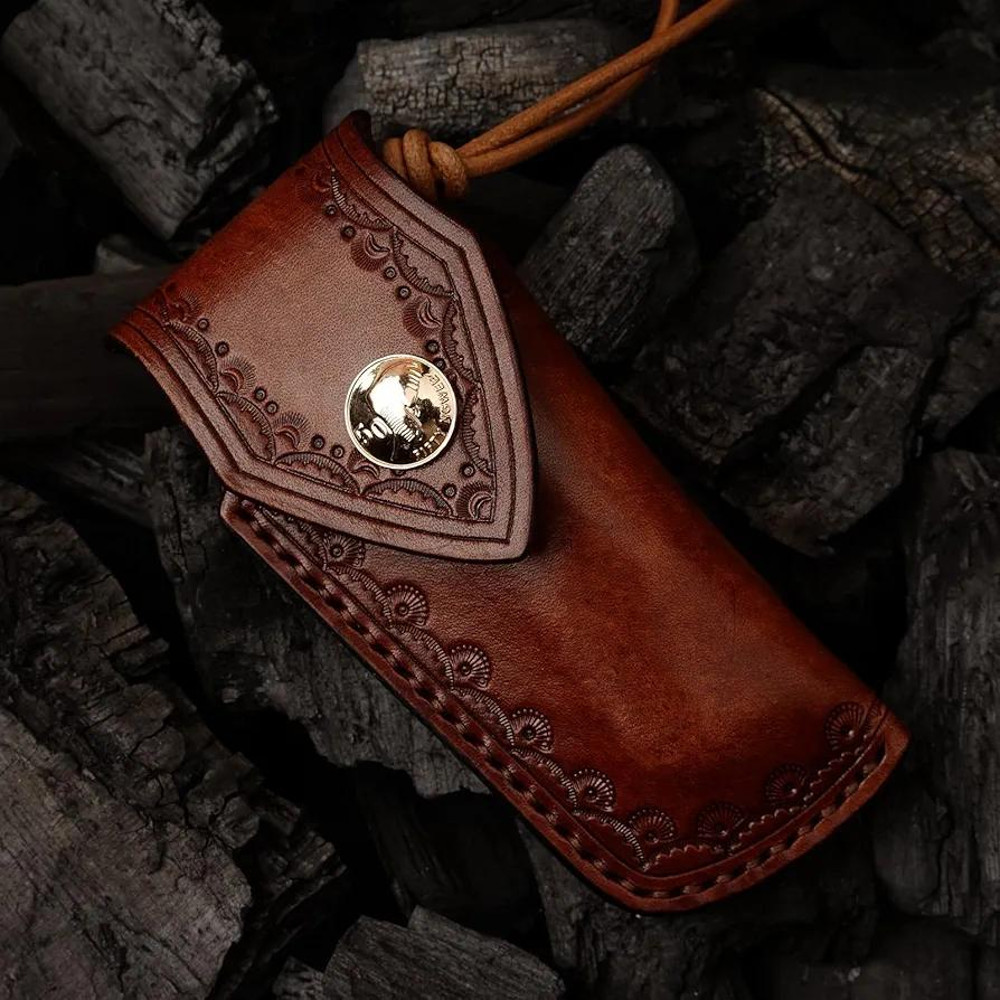 Handmade Japanese Damascus Steel Pocket Folding Knife With Leather Cover And Pocket Clip 287inch Outdoor Camping Fish 6