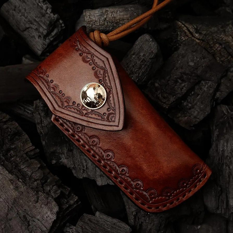 Handmade Japanese Damascus Steel Pocket Folding Knife With Leather Cover And Pocket Clip 287inch Outdoor Camping Fish 6