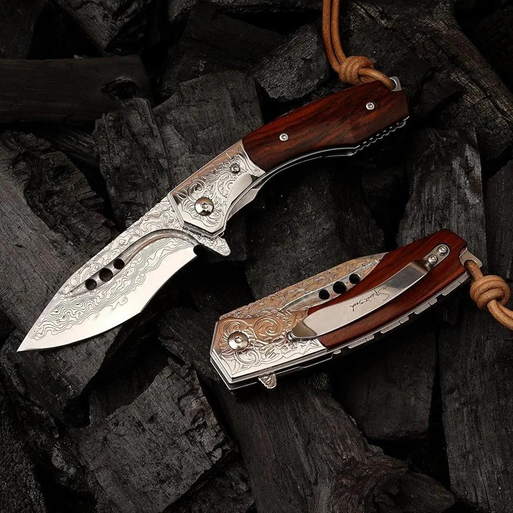 Handmade Japanese Damascus Steel Pocket Folding Knife With Leather Cover And Pocket Clip 287inch Outdoor Camping Fish 8