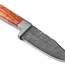 damascus hunting knife fixed blade skinning knife with leather sheath
