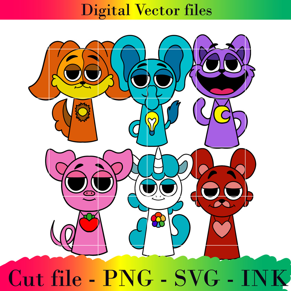 Editable Sprunki CatNapBobby BearhugBubba BubbaphantCraftyCornPickyPiggy Project PrintableSVGPNGInk 0