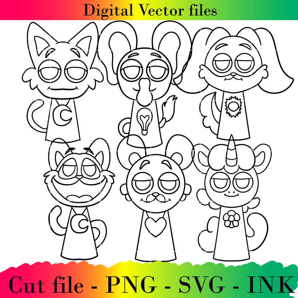 Editable Sprunki CatNapBobby BearhugBubba BubbaphantCraftyCornPickyPiggy Project PrintableSVGPNGInk 1