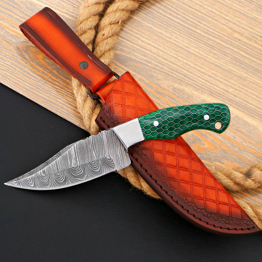 Personalized Damascus Steel Skinner Knife Honey Comb Green Fixed Blade Hunting Knife Custom Bolster Engraving Leather S 0