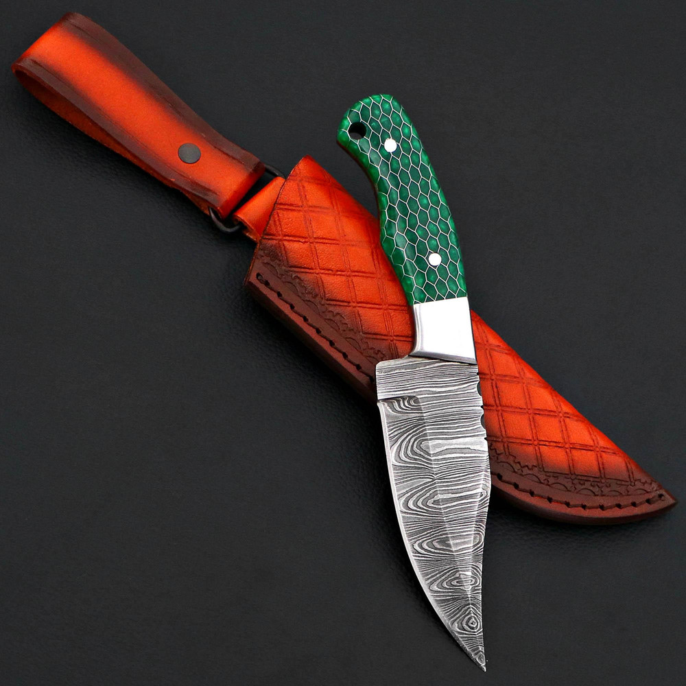 Personalized Damascus Steel Skinner Knife Honey Comb Green Fixed Blade Hunting Knife Custom Bolster Engraving Leather S 1