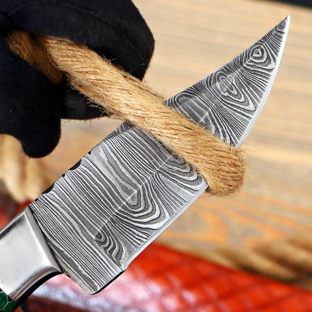 Personalized Damascus Steel Skinner Knife Honey Comb Green Fixed Blade Hunting Knife Custom Bolster Engraving Leather S 2