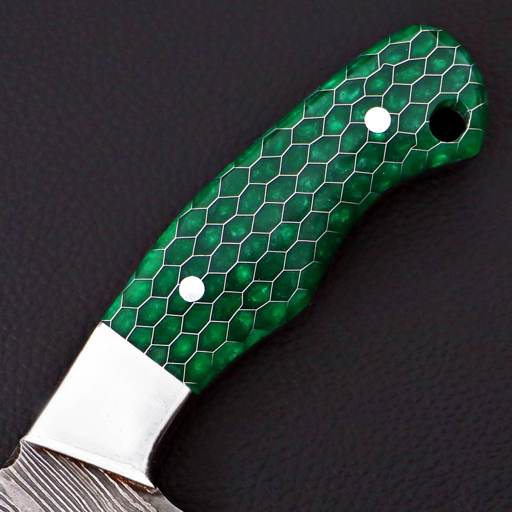 Personalized Damascus Steel Skinner Knife Honey Comb Green Fixed Blade Hunting Knife Custom Bolster Engraving Leather S 3