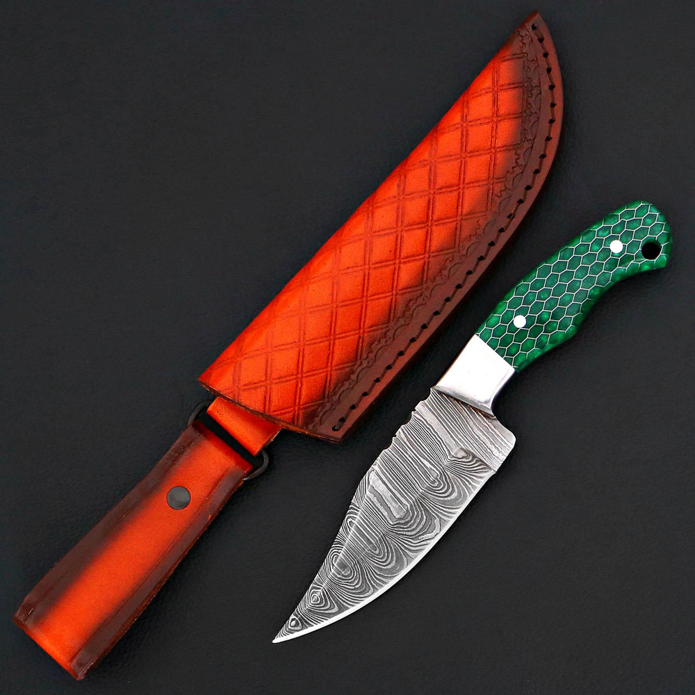Personalized Damascus Steel Skinner Knife Honey Comb Green Fixed Blade Hunting Knife Custom Bolster Engraving Leather S 5
