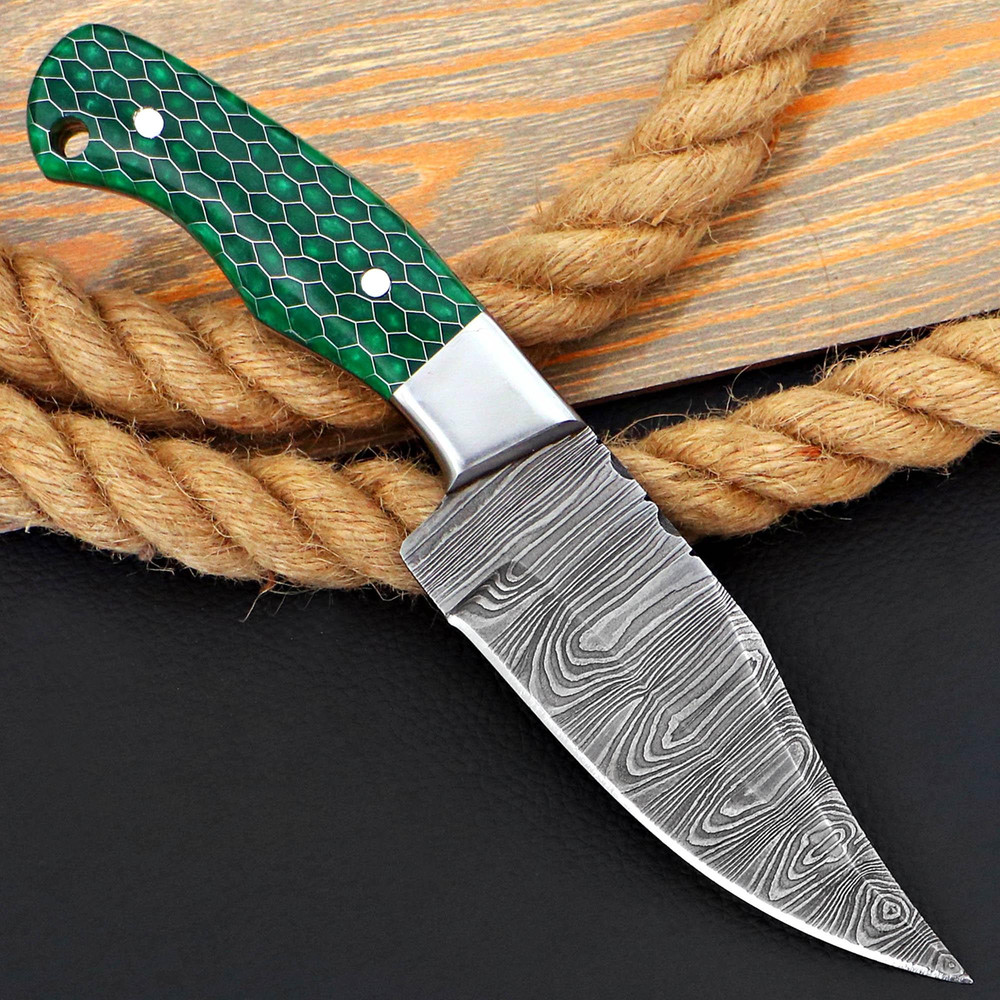 Personalized Damascus Steel Skinner Knife Honey Comb Green Fixed Blade Hunting Knife Custom Bolster Engraving Leather S 6