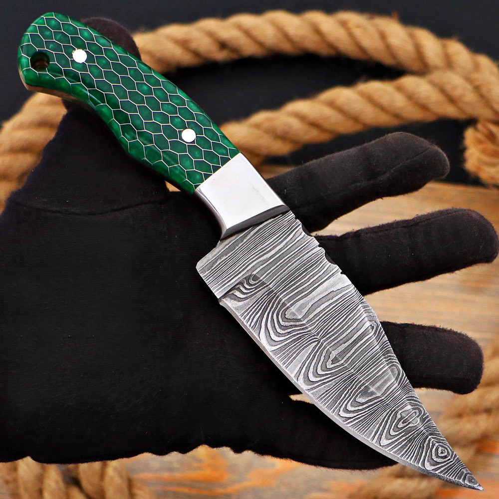 Personalized Damascus Steel Skinner Knife Honey Comb Green Fixed Blade Hunting Knife Custom Bolster Engraving Leather S 10