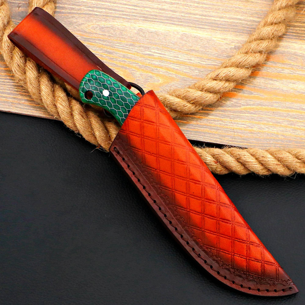 Personalized Damascus Steel Skinner Knife Honey Comb Green Fixed Blade Hunting Knife Custom Bolster Engraving Leather S 8