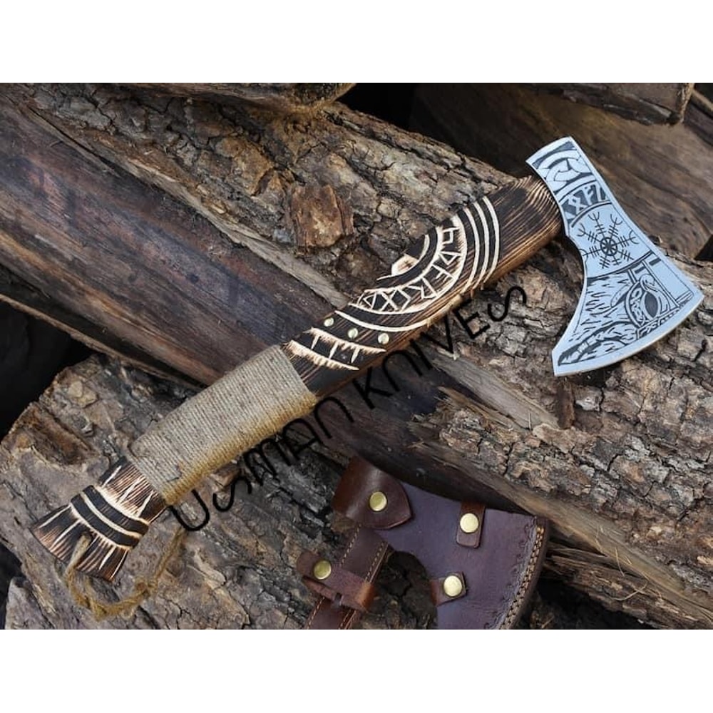 Custom Handmade Etching High Corban Steel Viking Axe 0
