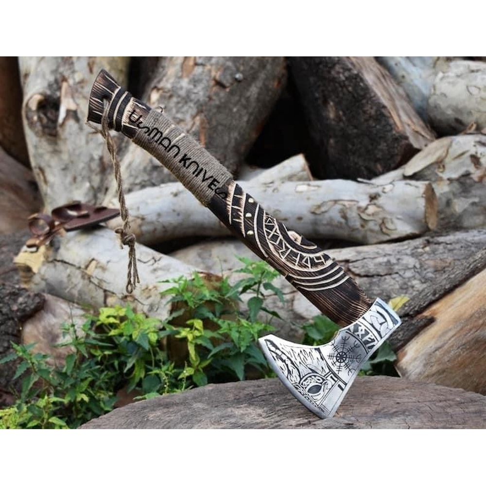 Custom Handmade Etching High Corban Steel Viking Axe 1