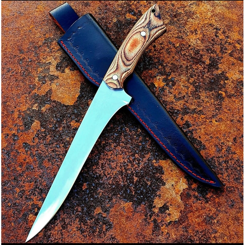 Custom Handmade D2 Steel Blade With Pakka Wood Handle Fishing Fillet Knife Kitchen Knife With Leat 0