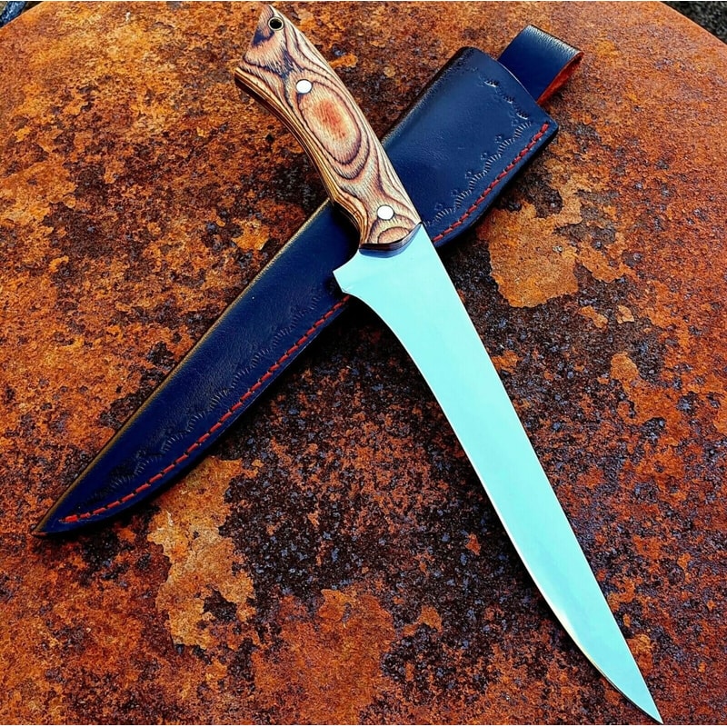Custom Handmade D2 Steel Blade With Pakka Wood Handle Fishing Fillet Knife Kitchen Knife With Leat 2