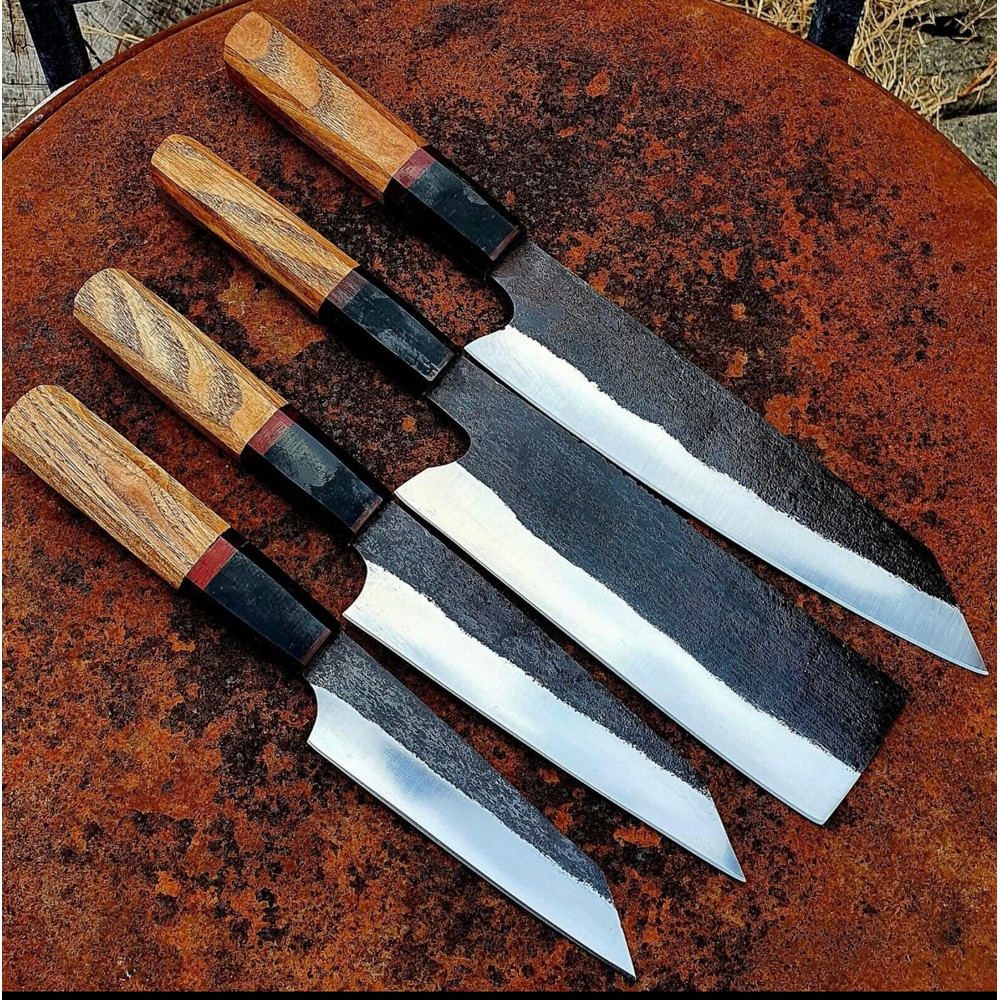 Handmade Kitchen Knife Set With High Carbon Steel Blades And WoodMicartaResin Handles And Leather C 7
