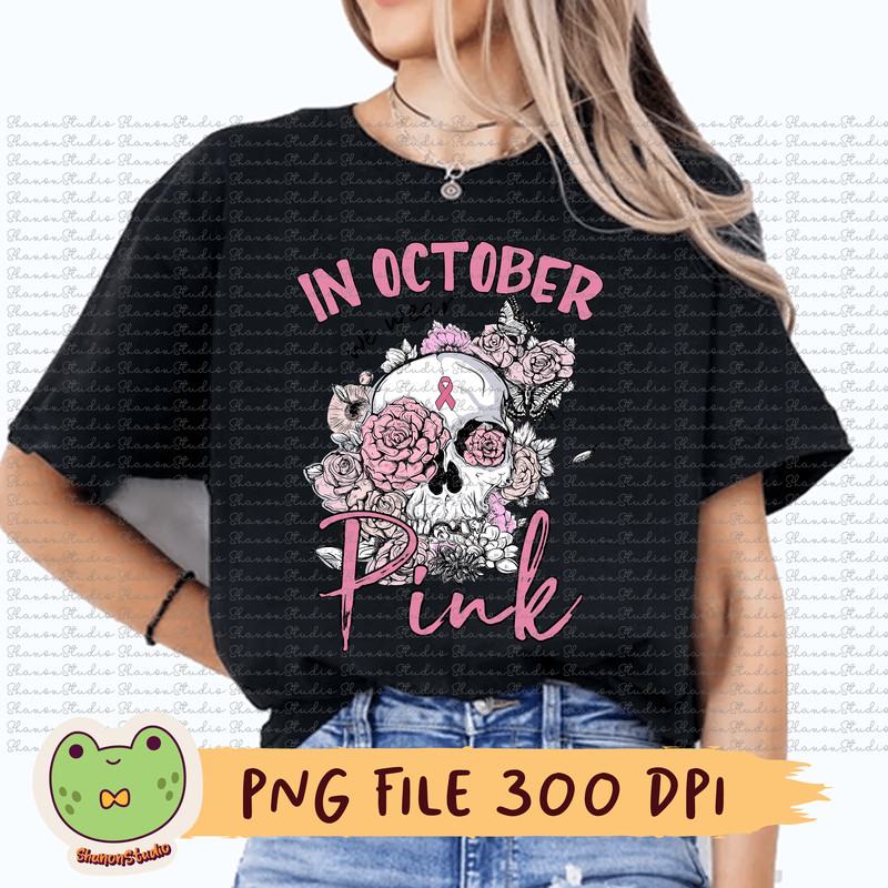 In October We Wear Pink Png Breast Cancer Png Pink Ribbon Png Floral Skull Png Flowers Png Breast C 0