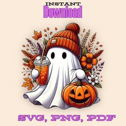 floral halloween cute ghost svg, png, pdf coffee-pumpkin