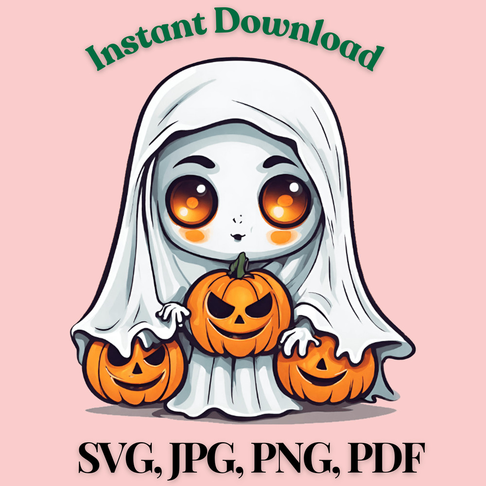 Cute Girl Halloween GhostPumpkin Digital Art 0