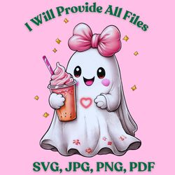 cute smile halloween girl, pink halloween ghost, halloween spooky ghost, milkshake, sublimation design - trending