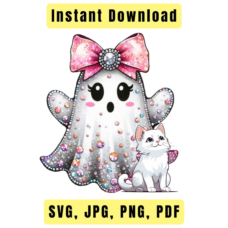 Cute Ghost Faux Glitter Glam Sparkly Bougie Ghost Here For The Boos Trending G Svg Jpg Png Pdf 0