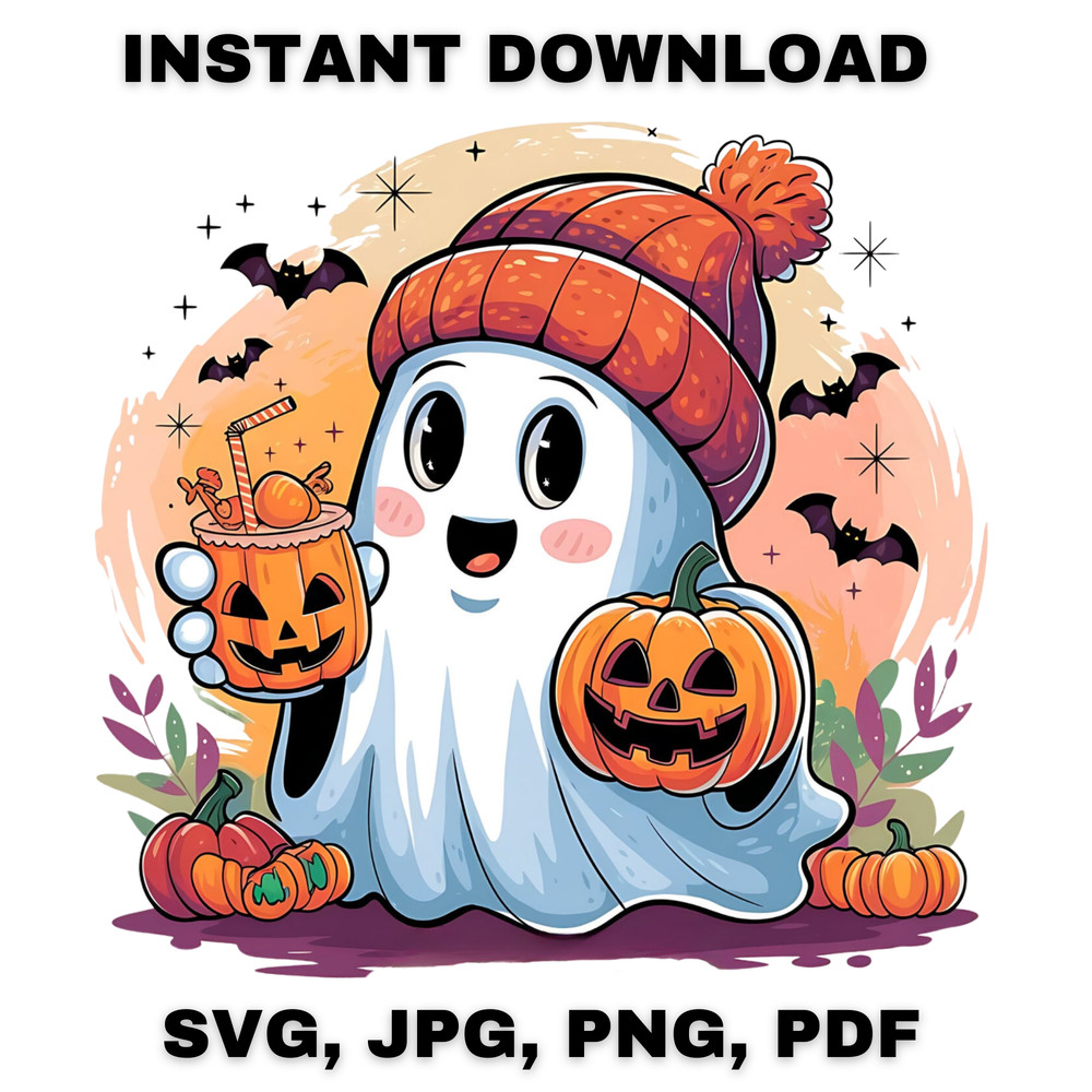 Adorable Halloween Ghost Clipart Set Cute Kawaii Ghost With Pumpkins Svg Jpg Png Pdf 0
