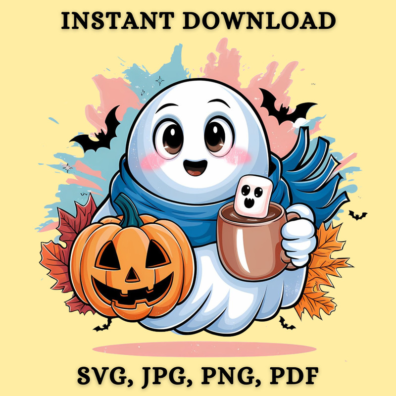 Adorable Halloween Ghost Clipart Cute Kawaii Ghost With Pumpkin Cute Halloween Svg Jpg Png Pdf 0