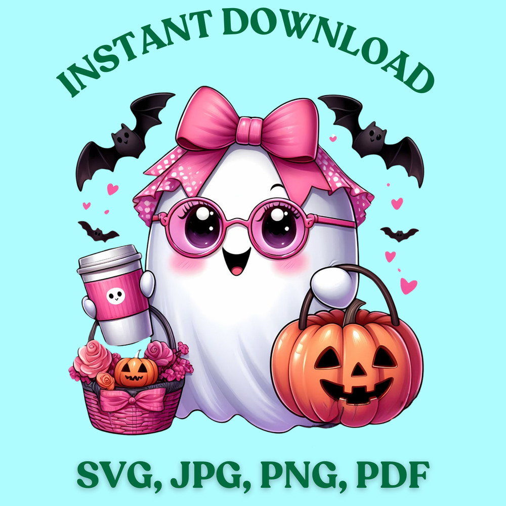 Pink Ghost Cute Halloween Ghost Clipart Pumpkin Halloween Sublimation Design Mug And Sticker Svg Jpg Png Pdf 0
