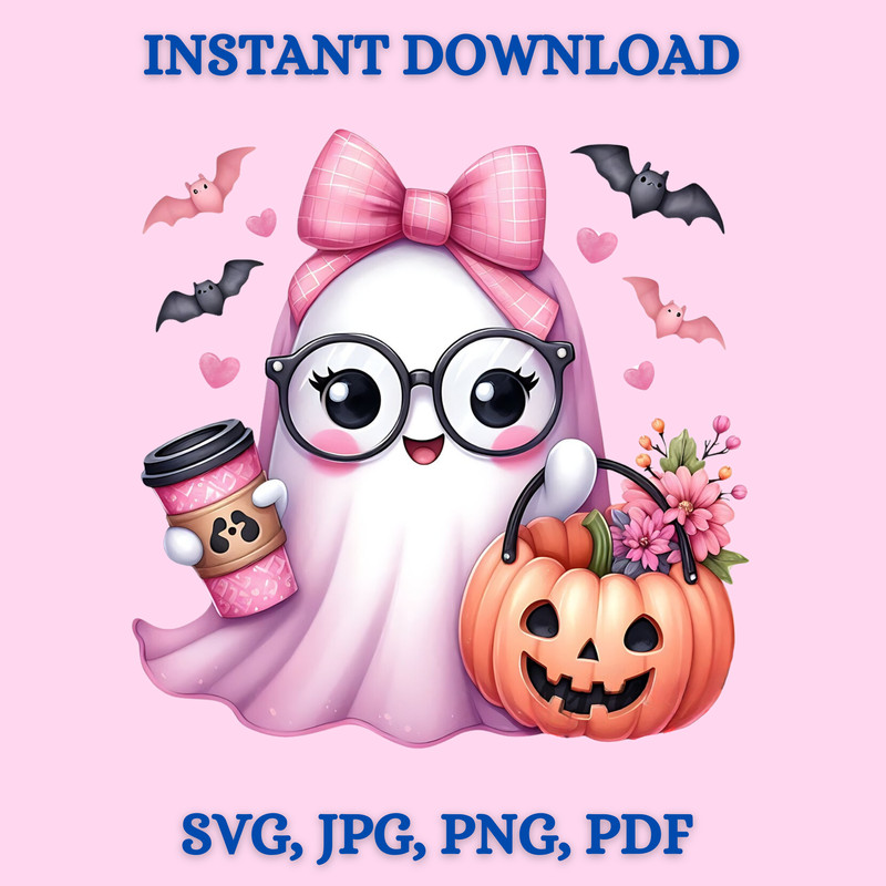 Pink Ghost Cute Halloween Ghost Clipart Pumpkin PNG Halloween Sublimation Design Mug And Sticker Svg Jpg Png Pdf 7