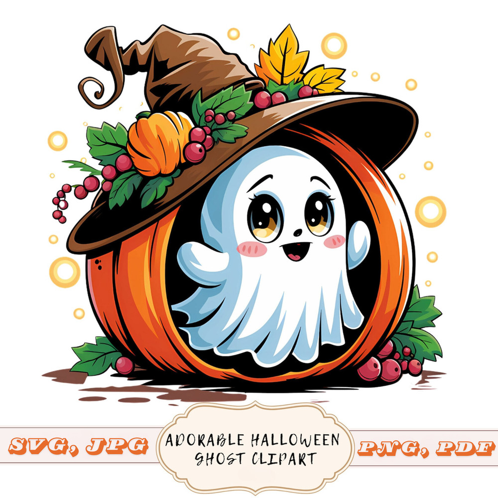 Floral Ghost With Witch Hat Clipart Halloween Crafting PNG JPG SVG PDF Cute Floral Ghost Clipart Instant Download 0