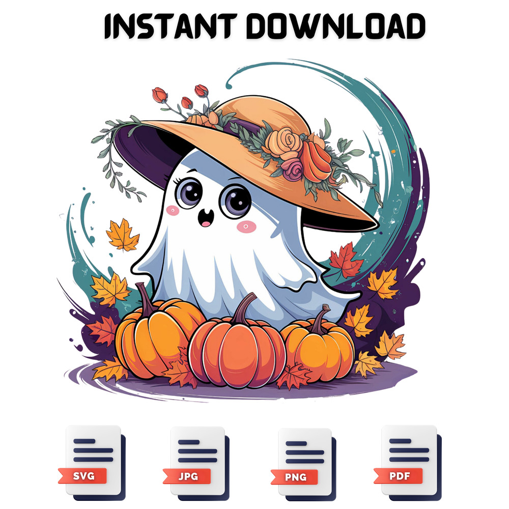 Halloween Cute Girl PNG JPG SVG PDF Cute Floral Ghost Clipart Instant Download 0