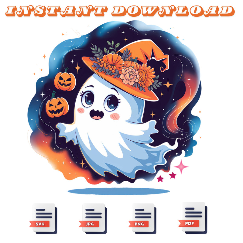 Cute Halloween Ghost With Witch Hat JPG SVG PDF Cute Floral Ghost Instant Download 0