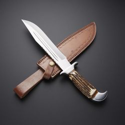 best handmade corban steel knife with leather cover - natural stag handle knife - gift for men
