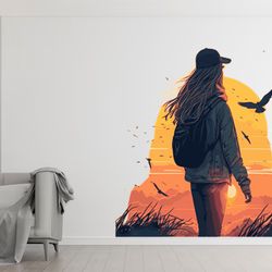 girl with backpack sunset svg-png