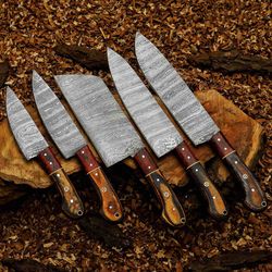 handmade damascus steel chef set with leather cover, hand forged kitchen bbq culinary set, best anniversary and birthday