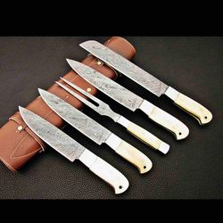 handmade damascus steel chef set with leather cover, hand forged kitchen bbq , best anniversary and birthday
