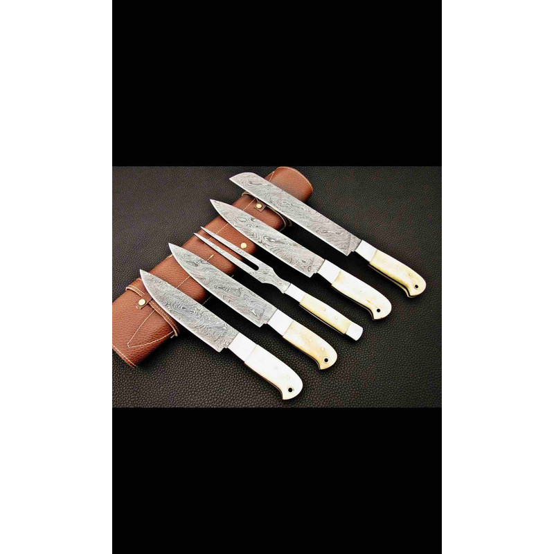 Handmade Damascus Steel Chef Set With Leather Cover Hand Forged Kitchen BBQ Best Anniversary And Birthday 0