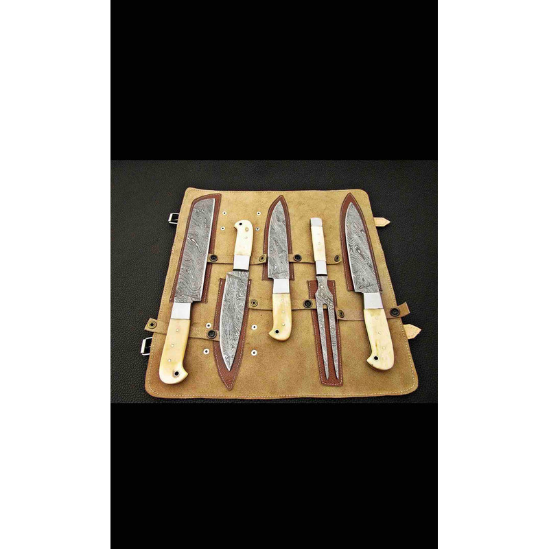 Handmade Damascus Steel Chef Set With Leather Cover Hand Forged Kitchen BBQ Best Anniversary And Birthday 1
