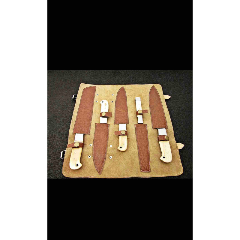 Handmade Damascus Steel Chef Set With Leather Cover Hand Forged Kitchen BBQ Best Anniversary And Birthday 2