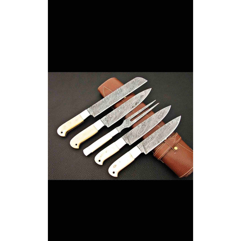 Handmade Damascus Steel Chef Set With Leather Cover Hand Forged Kitchen BBQ Best Anniversary And Birthday 3