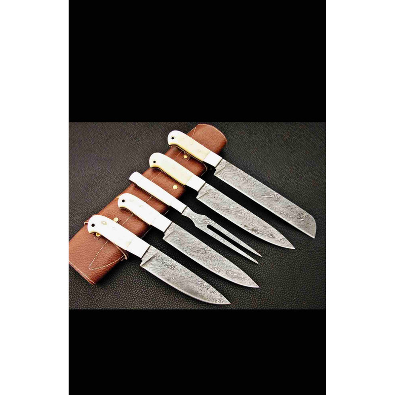 Handmade Damascus Steel Chef Set With Leather Cover Hand Forged Kitchen BBQ Best Anniversary And Birthday 4