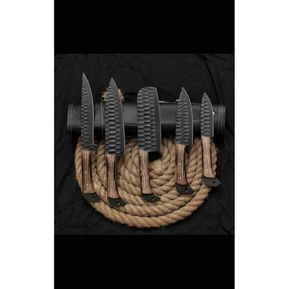 Handmade Damascus Steel Chef Set With Leather Cover Hand Forged Kitchen BBQ Set Best Anniversary And Birthday 2