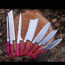 personalized handmade chef knives set 7-pcs, perfect gift for cooking lovers, gift for husband, gift for wedding couples