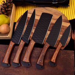 forged carbon coated steel chef set 5pcs with leather roll kit, handmade kitchen bbq culinary set, birthday