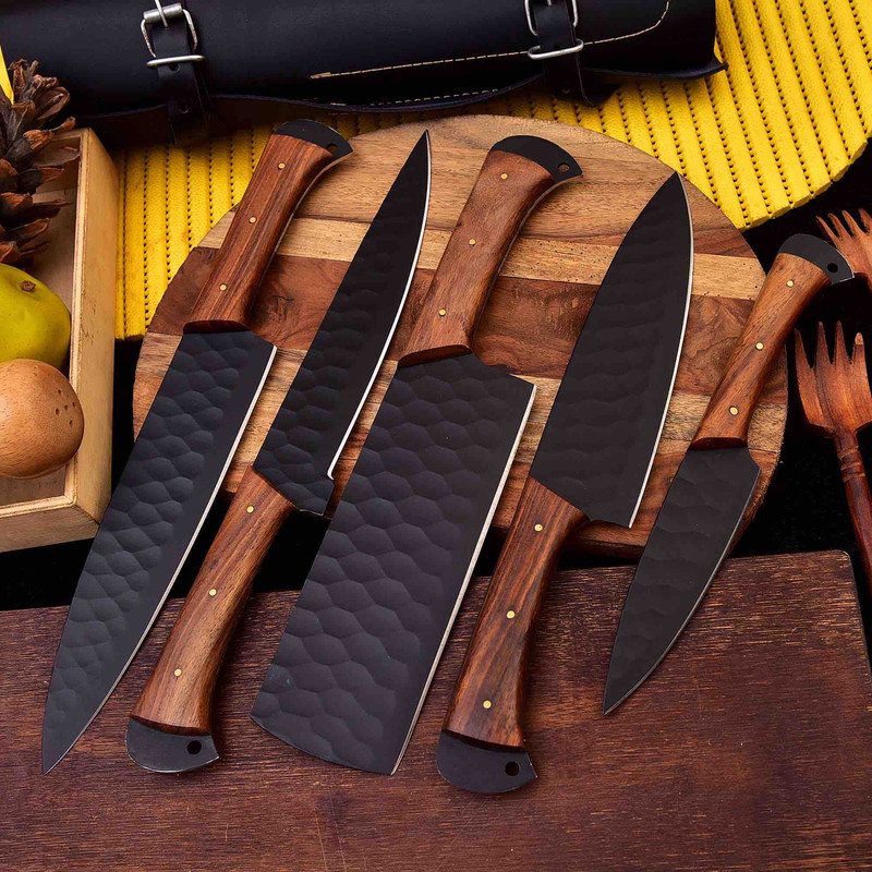 Forged Carbon Coated Steel Chef Set 5Pcs With Leather Roll Kit Handmade Kitchen BBQ Culinary Set Birthday 3