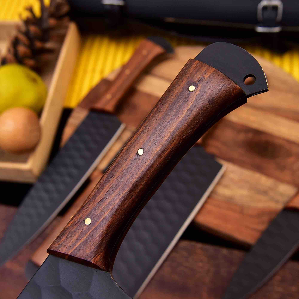 Forged Carbon Coated Steel Chef Set 5Pcs With Leather Roll Kit Handmade Kitchen BBQ Culinary Set Birthday 4