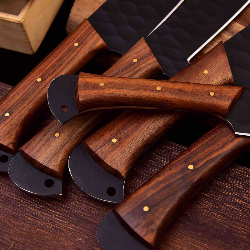 Forged Carbon Coated Steel Chef Set 5Pcs With Leather Roll Kit Handmade Kitchen BBQ Culinary Set Birthday 5